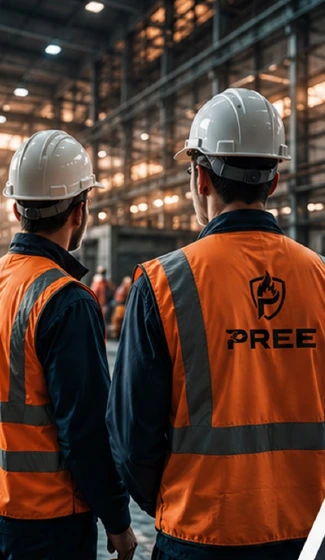 Safety professionals wearing protective equipment in an industrial facility