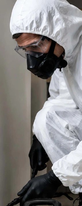 Pest control technician with protective clothing and a sprayer
